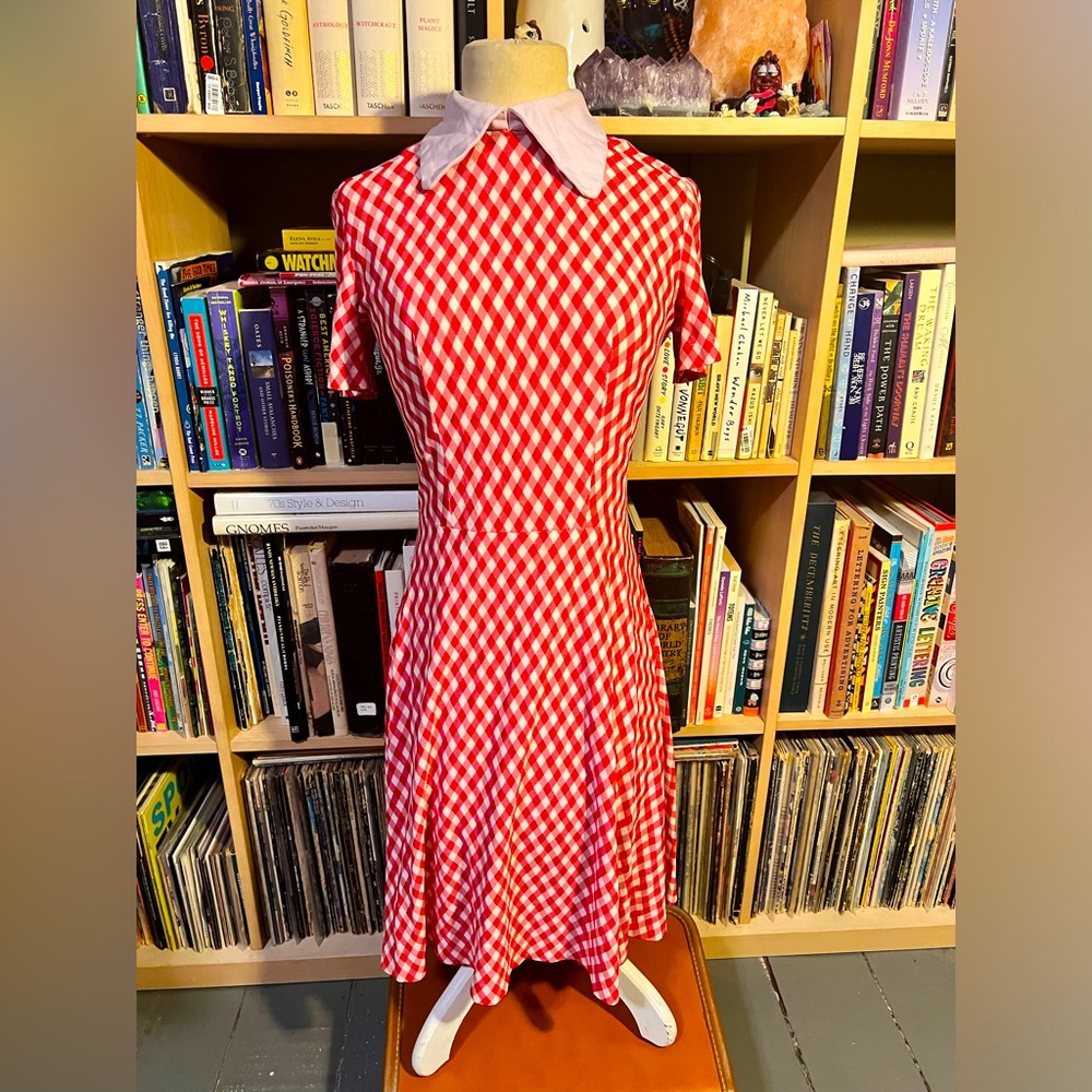 Vintage 60s 70s gingham red white mod dolly skater dress big collar clowncore